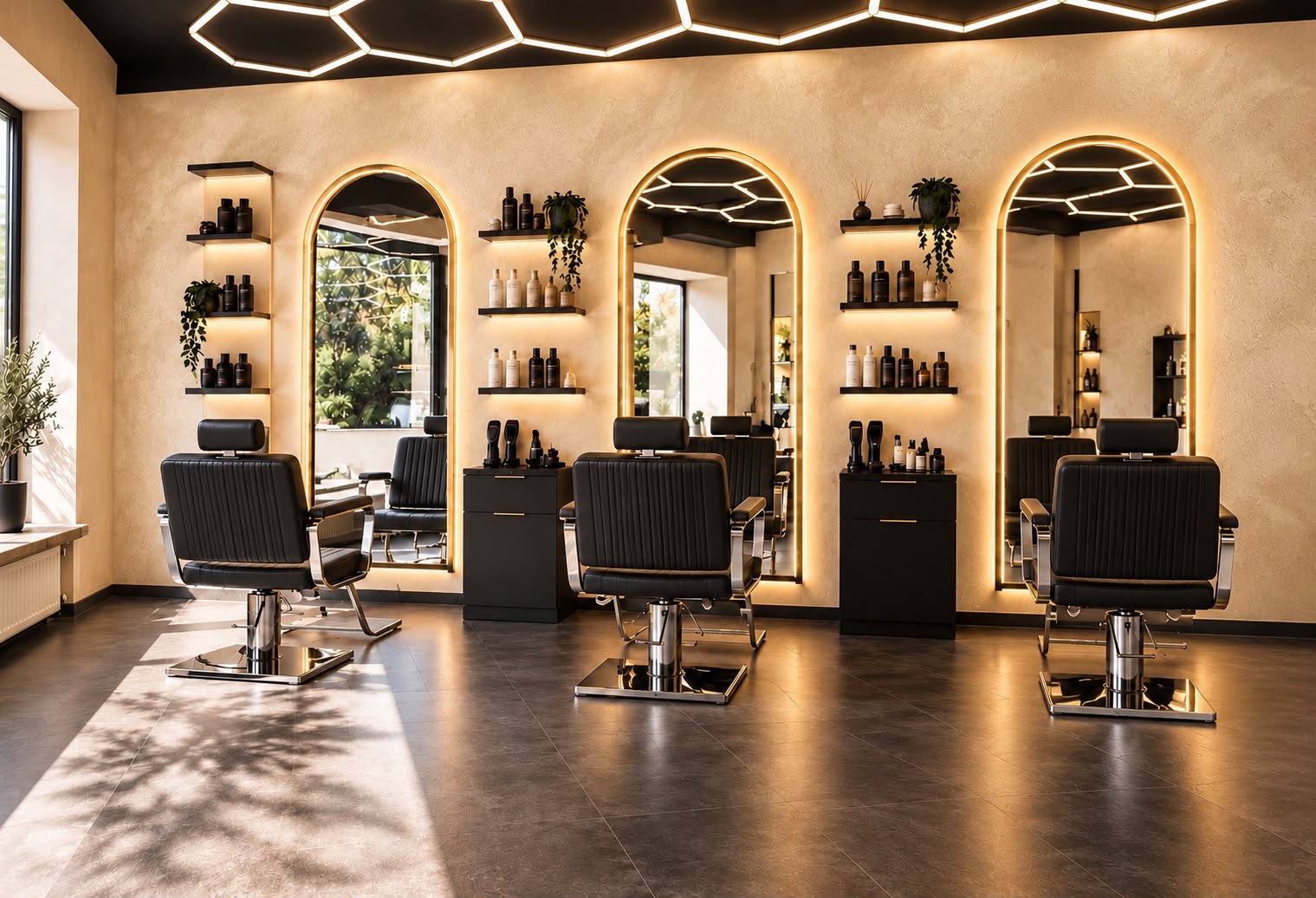 Modern beleuchtete Stylingplätze im Salon